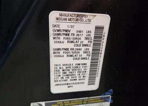 2007 Infiniti Fx35 z USA, uszkodzony, nr VIN JNRAS08W47X209590